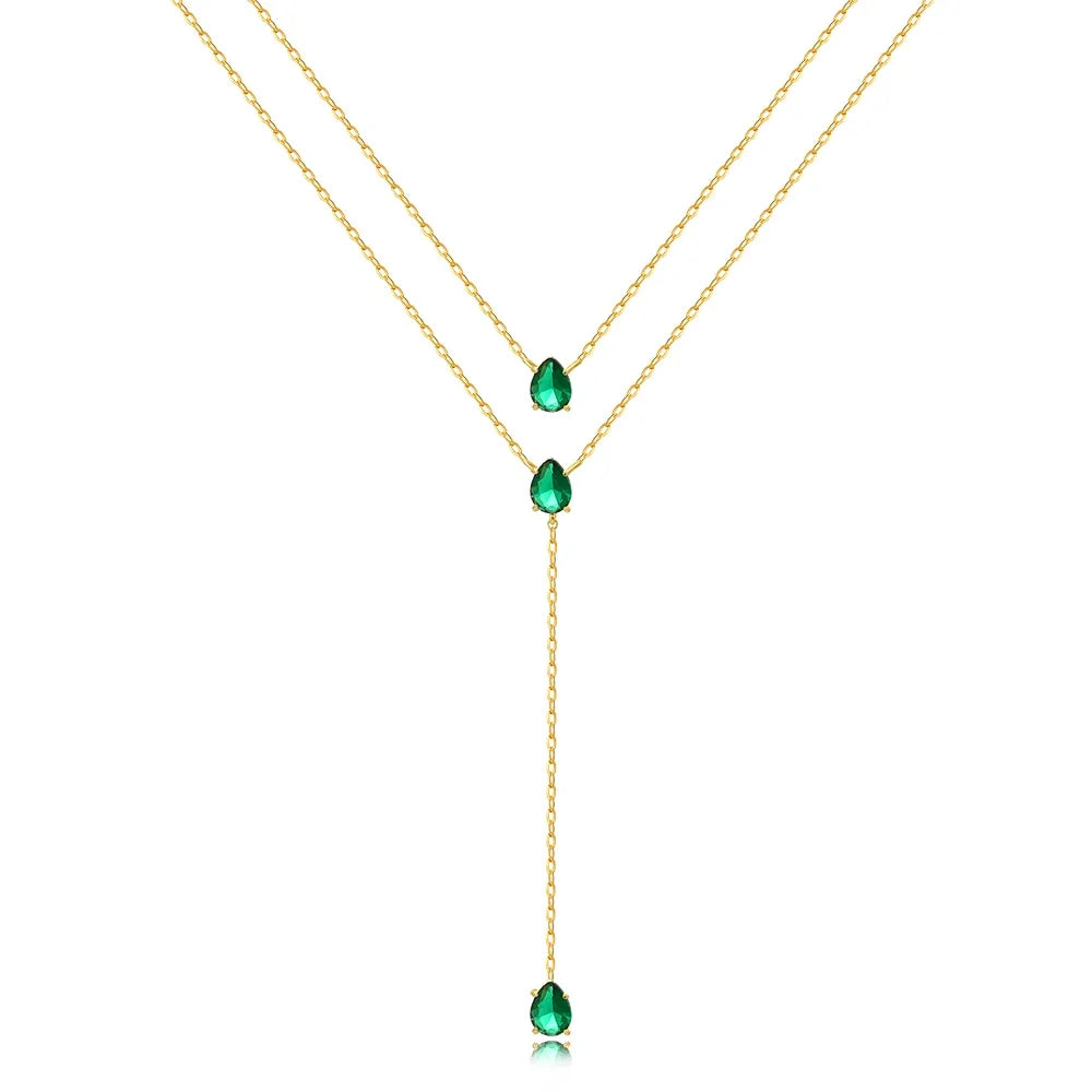 Collier plaqué Or 18 carats double rang pendentif goutte en zircon