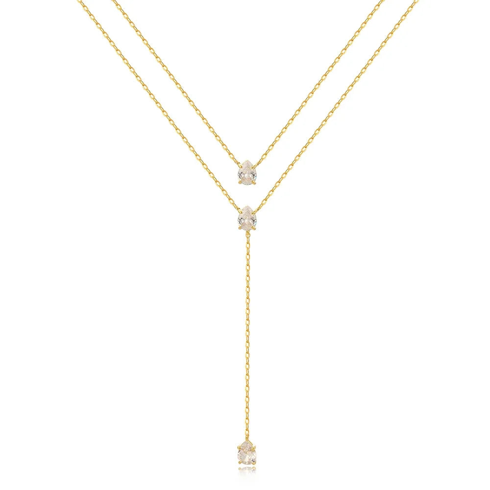 Collier plaqué Or 18 carats double rang pendentif goutte en zircon